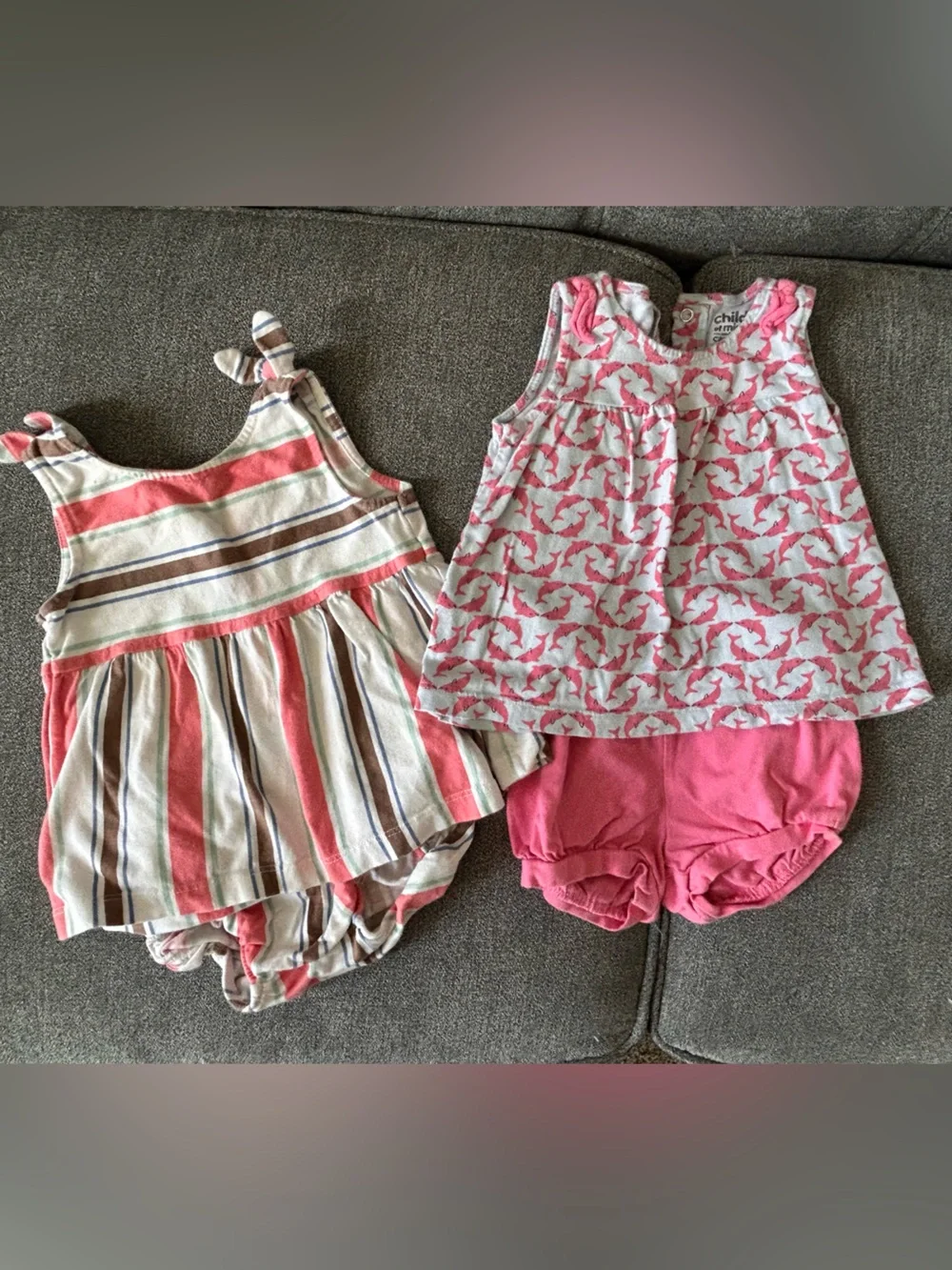 Girls Pink Striped Summer outfit + Pink Dolphin Print Dress Set 12m